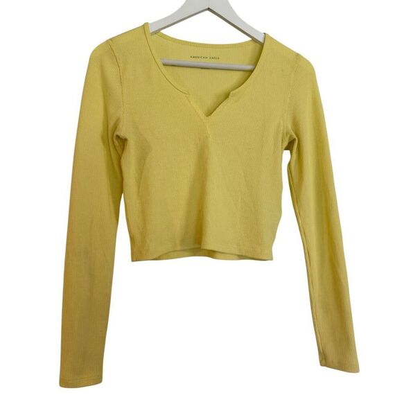 American Eagle Outfitters Tops - American Eagle butter yellow waffles cropped Henley top small